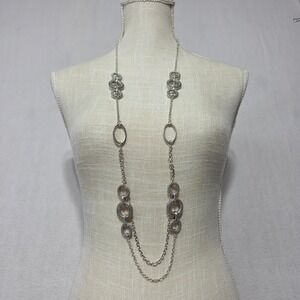 Premier Design Silver Tone Layered Long Necklace Textured Rings Ovals & Earrings
